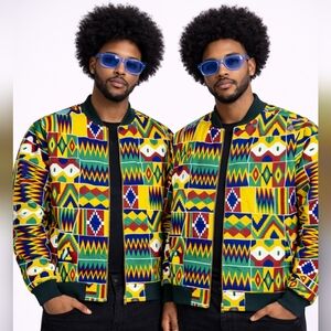 Men’s African Print Bomber Jacket Large Kente Zip-Up Jacket